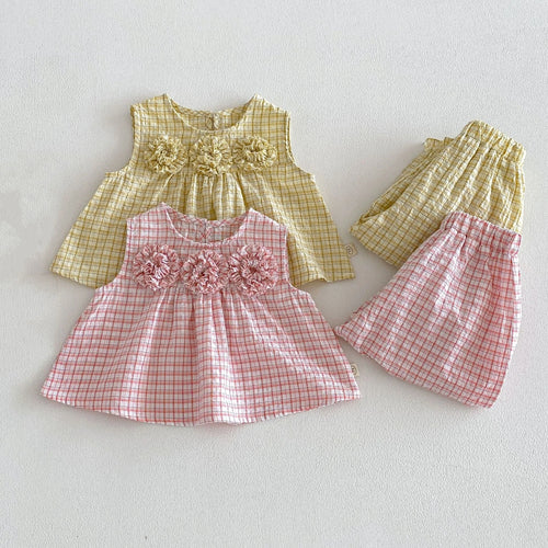 2026 Summer 6M-5T Childrens Set 3D Flower Decoration Fresh Plaid Sleeveless Top and Bloomer Pants 2PCS Girls Set