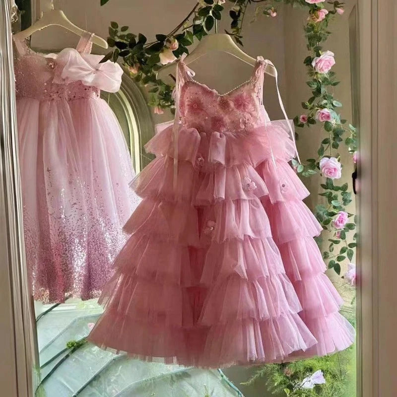 Girls' Summer Sleeveless Fluffy Dress Kid's Sweet Tulle Long Skirt Beautiful Princess Outfit for Birthday Party & Halloween